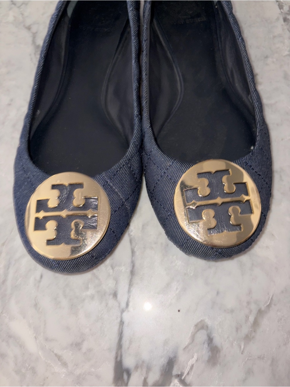 Tory Burch Navy Quilted Logo Cap-Toe Flats with Gold Medallion
